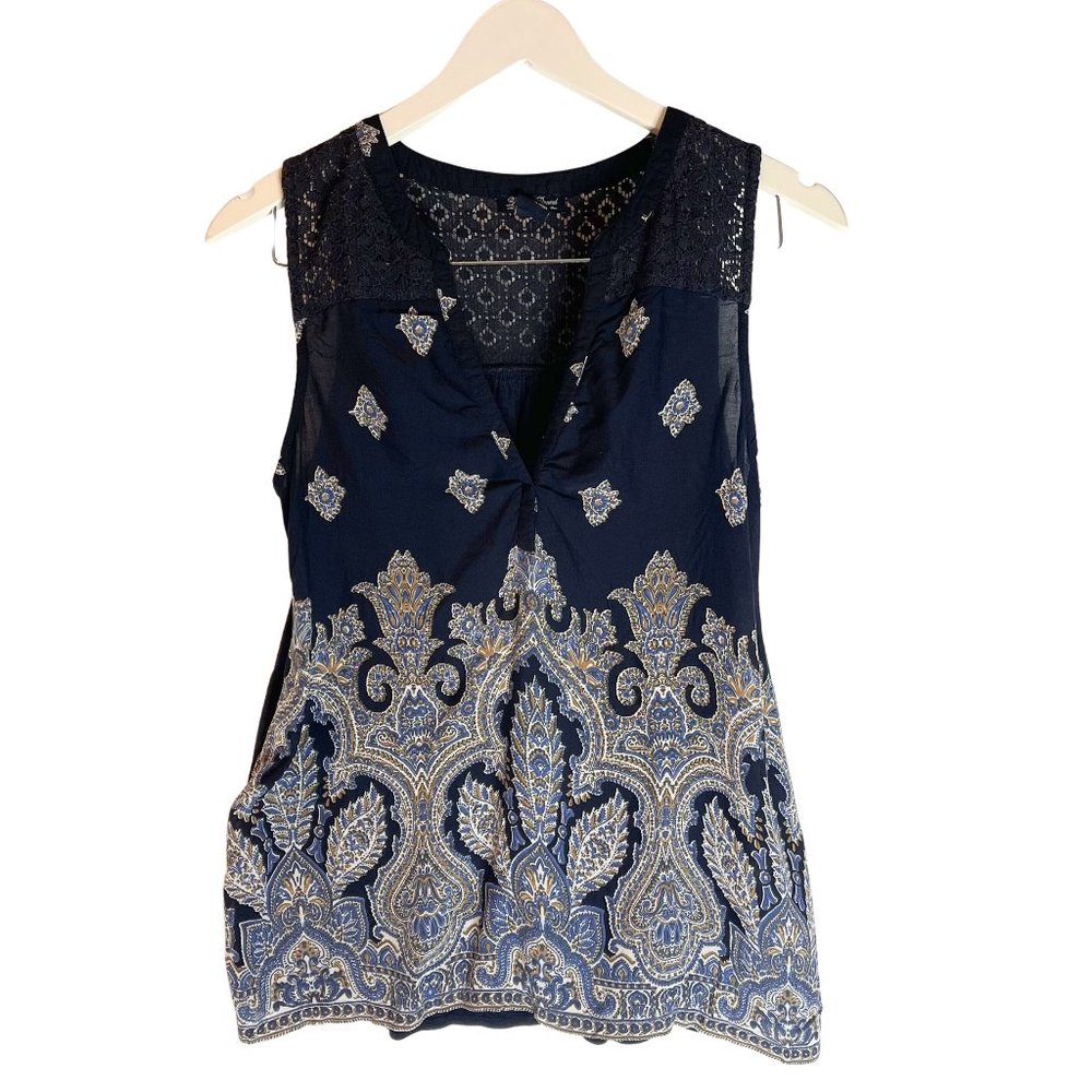 LUCKY BRAND PAISLEY BORDER & CROCHET LACE TOP IN DEEP NAVY BLACK, SLEEVELESS M